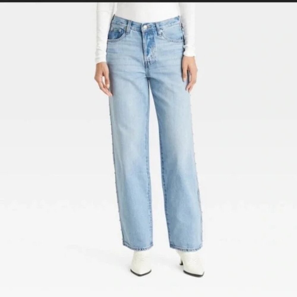 Universal Thread Studded‎ Mid Rise 90s Baggy Jeans 17 Womens Light Wash Blue NEW
